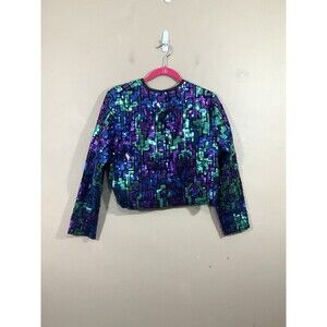 Vintage Womens Sequined Cropped Suit Jacket S Blue Purple 90s Glam Party Evening